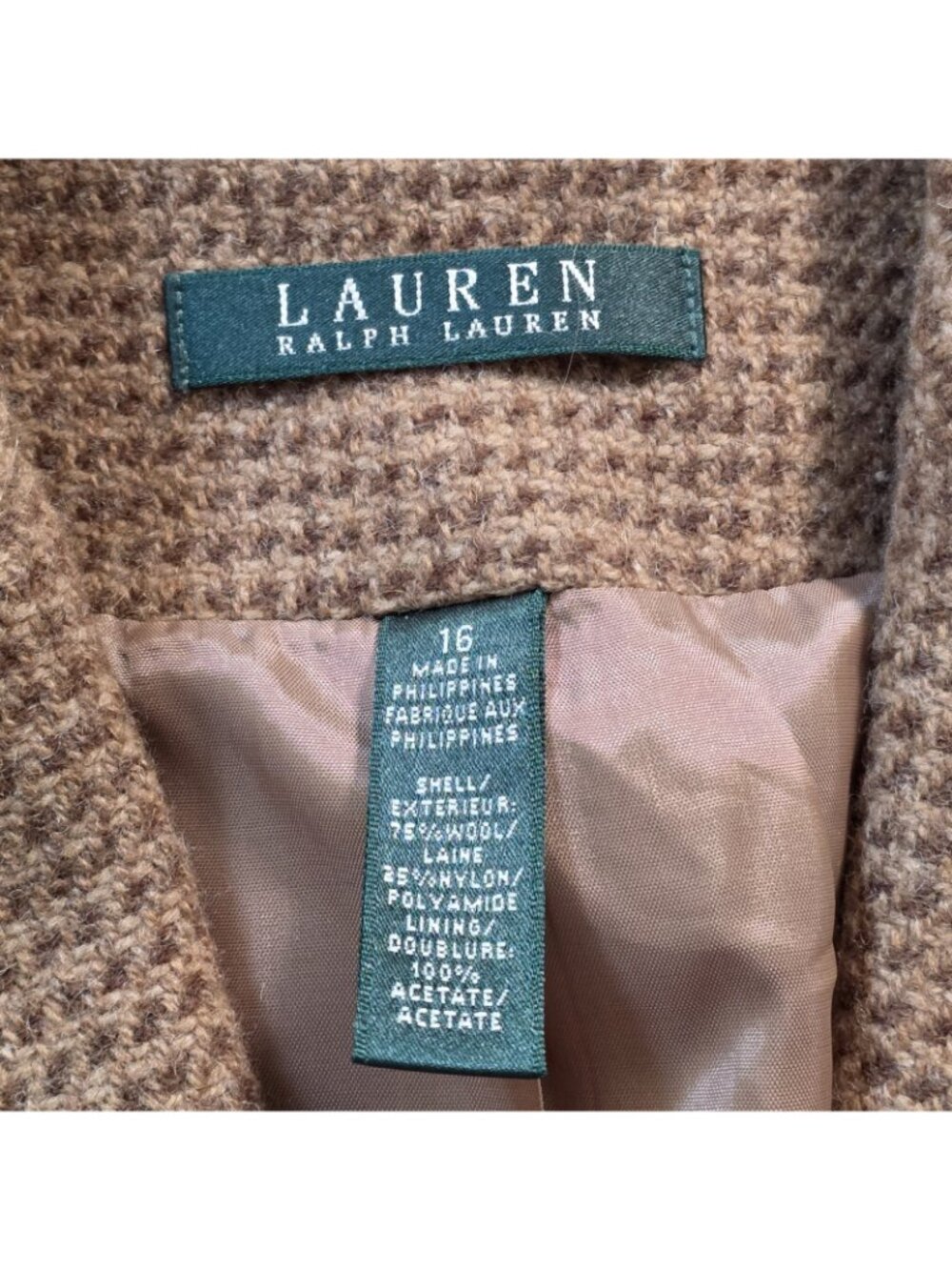 Lauren Ralph Lauren Tweed Crested Blazer Women US 16 Tan Houndstooth Wool Preppy - Picture 3 of 16